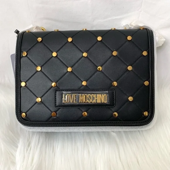 LOVE Moschino Borsa PU Nero Vegan Leather Studded Black Crossbody Bag NWT - Picture 5 of 15